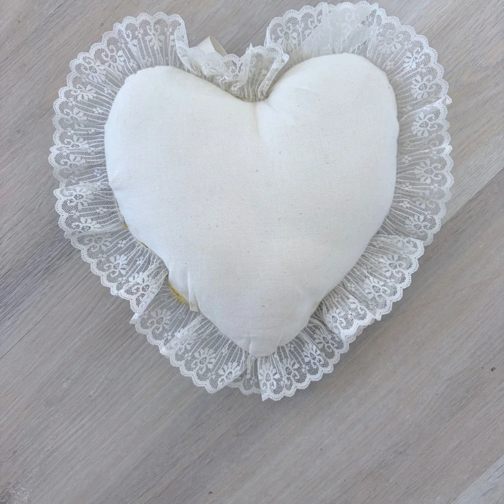 Vintage Heart Shaped Decorative Pillow Blue Floral Lace Trim Cream‎ Ribbon Bow